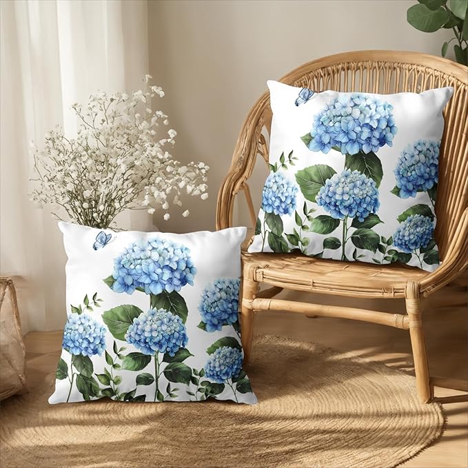 Blue Hydrangea Flower Pillow Covers 18x18 Set of 2 Spring Watercolor Floral Outdoor Throw Pillow Case Summer Green Leaf Seasonal Decorative Cushion Covers for Living Room Couch Sofa Porch