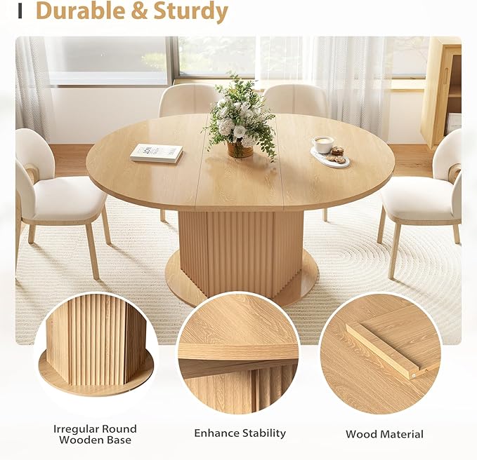 47.24"-62.99" Oval Expandable Dining Table, Round Dining Table for 4-6 People with Distinctive Knurled Base, Round Kitchen Table with Slide Metal Track for Kitchen,Living Room-Light Brown