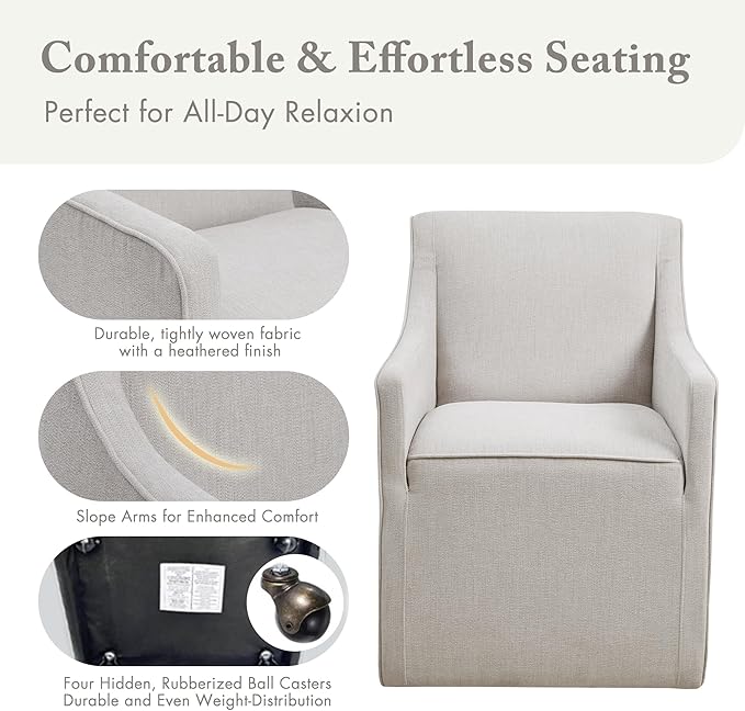 Madison Park Charlotte Dining Chair with Hidden Casters, Accent Chair 20" Thick Seat Cushion, Upholstered, Padded, Modern Farmhouse Dining Chair Side Chair, Fully Assembled Chair 34" H Grey
