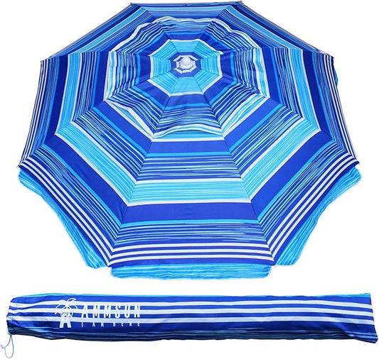 AMMSUN 6.5 ft Heavy Duty Beach Umbrella for Sand with tilt Air Vent Sun Shelter, UV 50+ Protection Outdoor Sunshade Umbrellas and Parasols with Carry Bag for Patio Garden Beach Pool stripe Blue