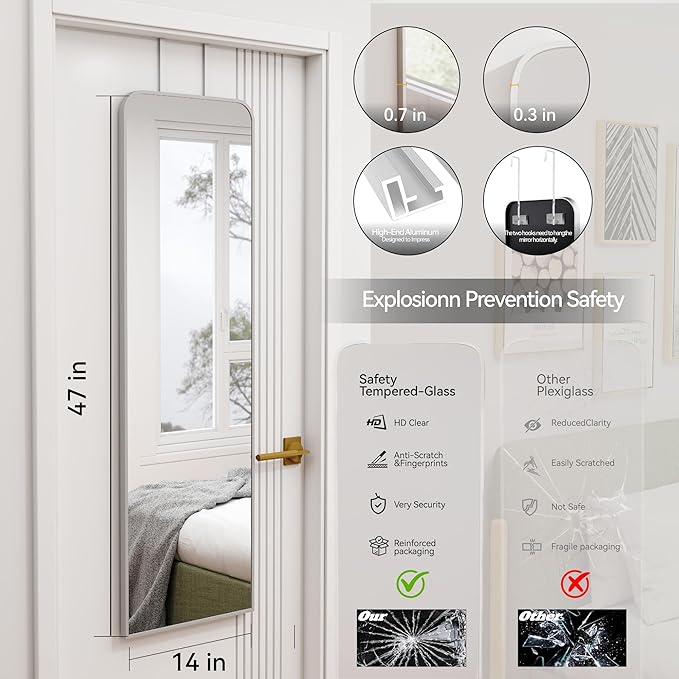 47x14 Mirror Full Length Door Hanging Wall Mounted Aluminum Alloy Metal Frame Dressing Make-up Save Space Half Body Mirrors for Entryway Bedroom Bathroom Living Room 47 inch Silver