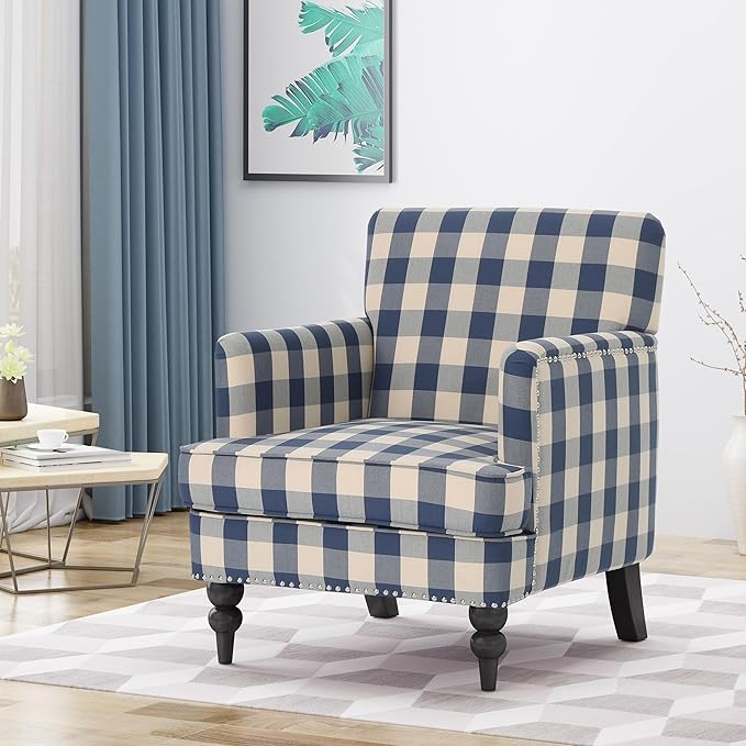 Christopher Knight Home Eve Modern Upholstered Club Chair, Wooden Living Room Accent Chair, Comfy Bedroom Reading Chair, Multifunctional Armchair, Blue Checkerboard