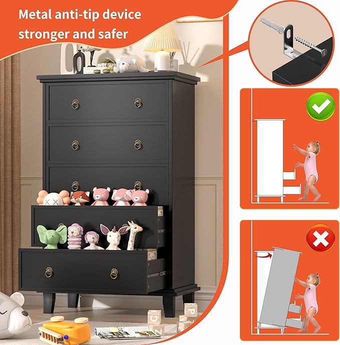 Black Dresser for Bedroom,Tall Dresser with Silent Drawer Slide,Wooden Chest of Drawers 5 Drawers,Storage Tower for Bedroom,Hallway, Entryway