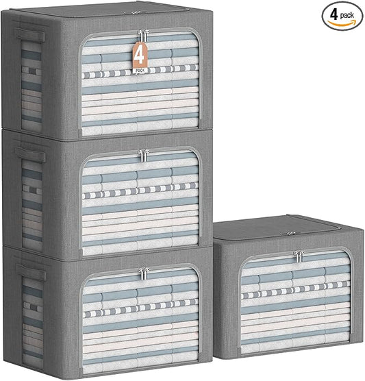 CYhom 4 Pack Clothes Storage Bins with Metal Frame - Linen Fabric Foldable Stackable Container Organizer Set with Clear Window & Carry Handles & Zippers (Dark Gray, 23.6"x16.5"x15.7")