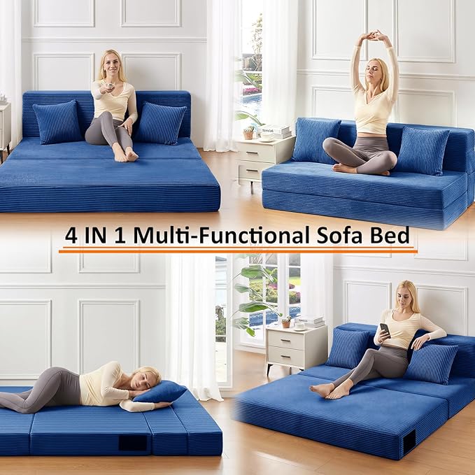 JKMAX Twin Size Folding Sofa Bed - 4 in 1 Convertible Sleeper Chair with Pillow - High Density Memory Foam Futon Couch - Foldable Bed for Living Room Bedroom (Blue)