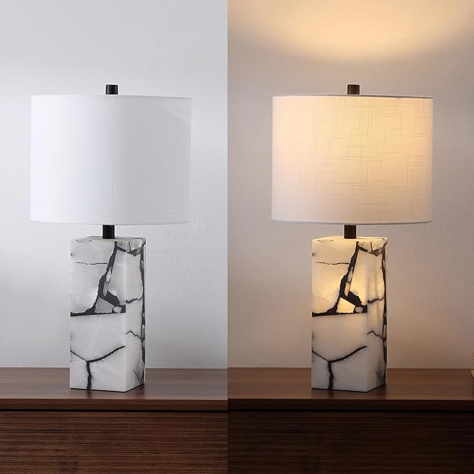 JONATHAN Y 24.25" Black/White Modern Alabaster LED Table Lamp for Home Decor, White Linen Shade, Coastal Nightstand Lamp with Built-in Base Accent Light (JYL8507A)