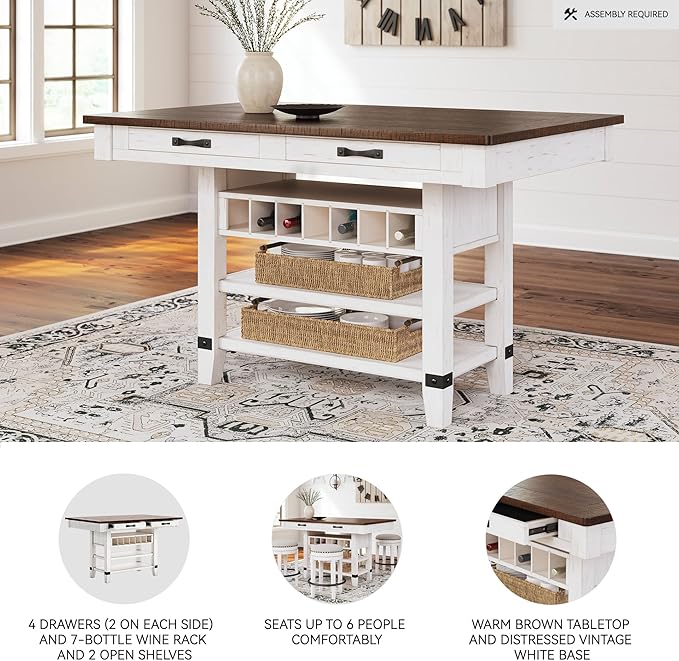 Signature Design by Ashley Valebeck Rectangular Dining Room Table, 4 Drawers, 2 Open Shelves, Wine Rack, Wood, 60" W x 40" D x 36.13" H, White & Brown