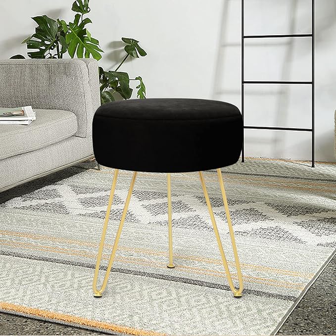 Velvet Soft Modern Vanity Footstool -Round Footrest Stool Ottoman Side Table Seat Dressing with Golden Metal Leg and Sponge Filling,Upholstered Foot Rest, for Living Room and Bedroom Black