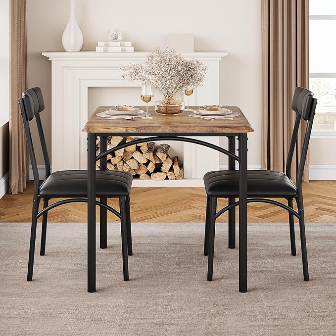 3-Piece Dining Table Set for 2, Kitchen Table Set with 2 Upholstered Chairs, Square Dining Table Set for Apartment, Studio, Small Space, Brown