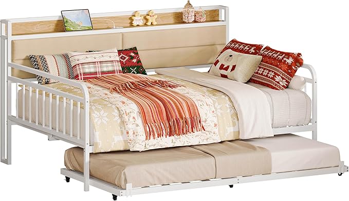 LIKIMIO Daybed with Trundle, Sturdy Metal Full Size Bed Frame with Upholstered Headboard and Charging Station for Living Room, Bedroom and Guest Room, White