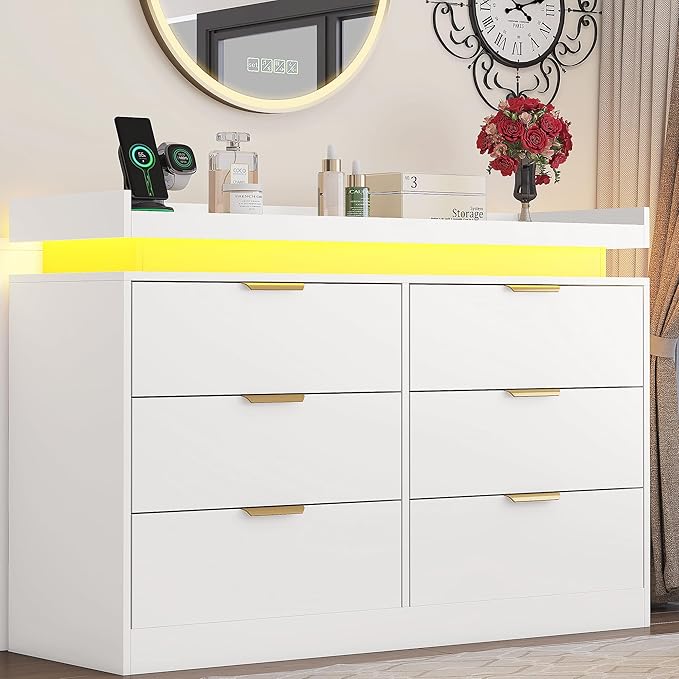 6 Drawer Dresser for Bedroom, White Dresser with LED Lights and Power Outlet, Wooden Dressers Chests of Drawers, Double Wide Dressers for Bedroom, Entryway, Hallway