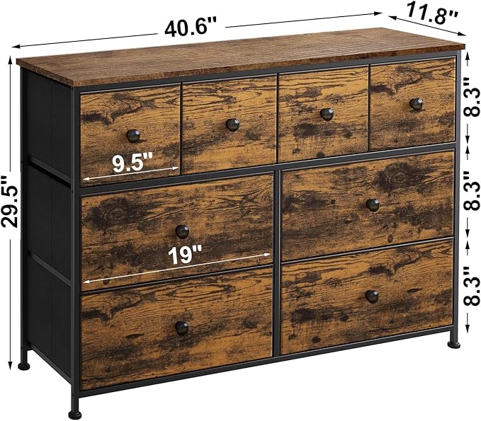 REAHOME Dresser for Bedroom with 8 Drawers Fabric Dresser Chest of Drawers with Wooden Top Sturdy Steel Frame Closet Storage Dresser for Living Room Hallway Closets Nursery (Rustic Brown) LHM8R1