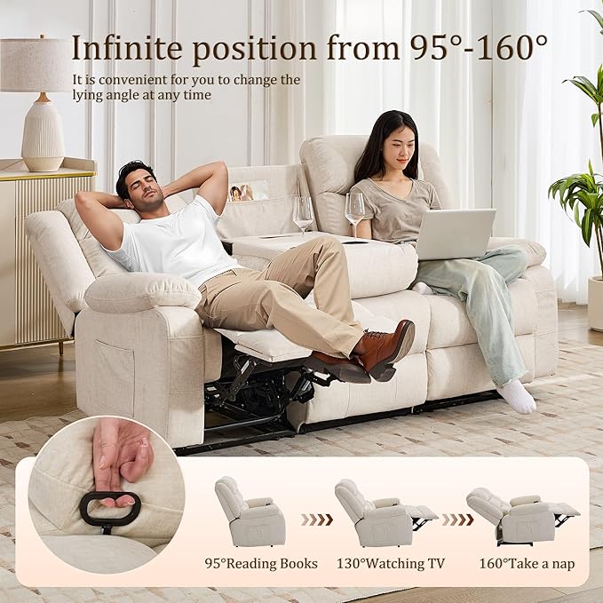 Korser Recliner Sofa, Reclining Loveseat with Console, Oversized Reclining Couch with Drop Down Table, 3-Seater Sofa with Cup Holder and Recessed Power Strip, Beige