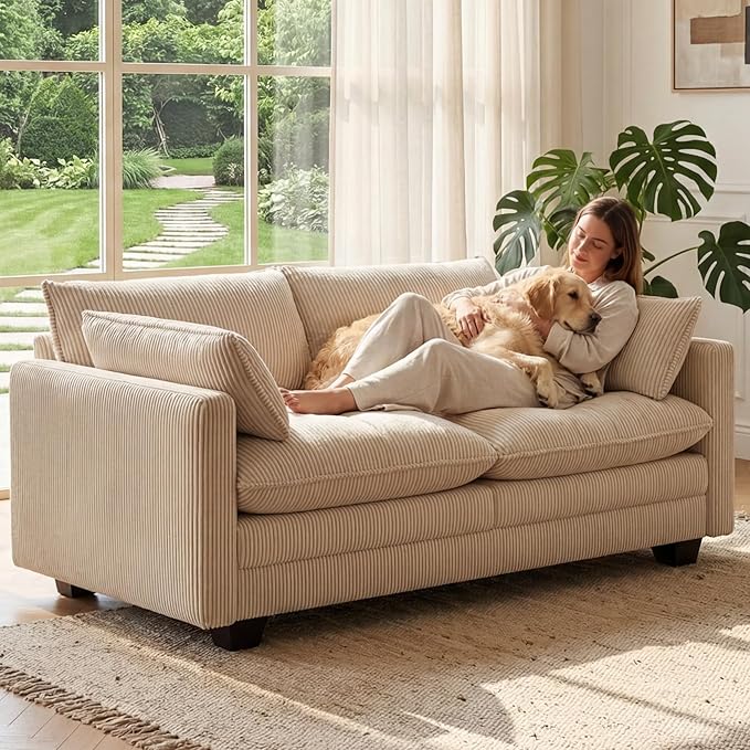 Gizoon 75” Small Cloud Loveseat Couches for Living Room, 2 Seater Love Seat Sofa with Comfy Deep Seat, Small Washable Couches with Removable Corduroy Cover for Apartment, Beige