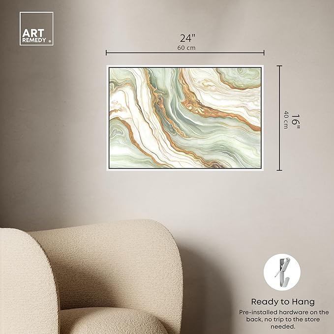 Art Remedy Green And Gold Framed Mineral, Agate & Geode 1 Piece Canvas Wall Art, 25" x 17", White Frame