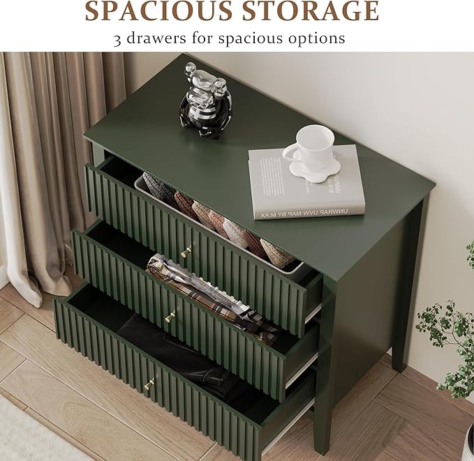 RoyalCraft Large 3 Drawer Dresser Set of 2, Fluted Chest of Drawers with Storage, Modern Painted 30 inch Tall Nightstand for Bedroom Living Room Entryway, Dark Green
