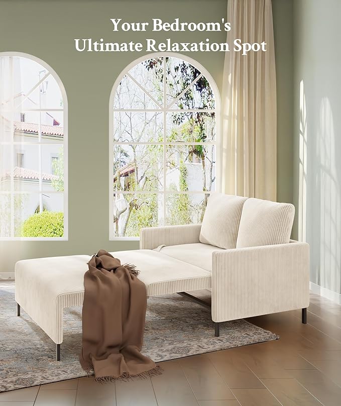 Welzona 47.2" Convertible Sofa Bed Couch, Comfy Corduroy Couch Bed, All in 1 Loveseat Sleeper Sofa, Love Seat Sleeper Bed with 2 Pillows, Modern Couches for Living Room/Apartment/Office, Beige White