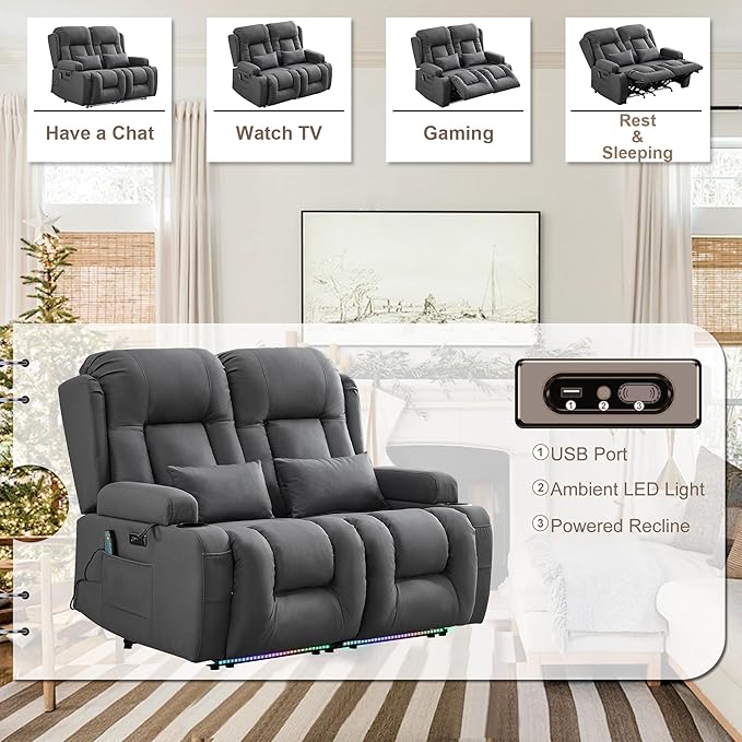 TUNYI Wall Hugger Loveseat Recliner Sofa with Massage & Heat, Power Reclining Loveseat RV Couch with USB/Outlet/Storage/LED Light/Speaker (Grey)