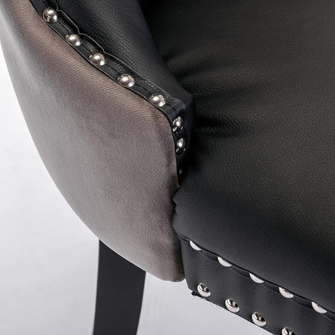 2-Pcs Set PU and Velvet Upholstered Dining Chair with Wood Legs,Nailhead Trim Modern Upholstered Side Chair W/Button Back Ring,for Sitting Room,Apartment,Black+Gray
