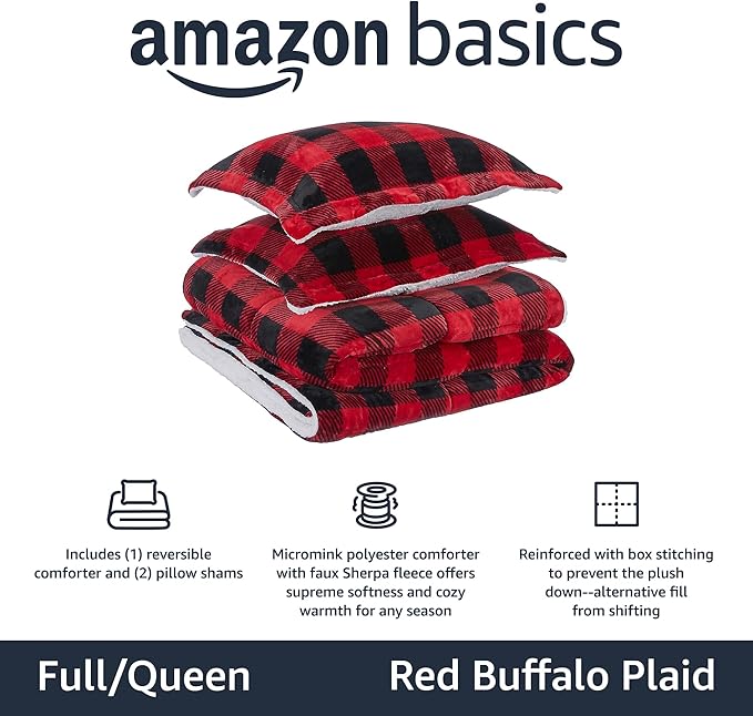 Amazon Basics 3-Piece Ultra-Soft Micromink Sherpa Bedding Set, Warm All Season Comforter, Full/Queen, Red Buffalo Plaid