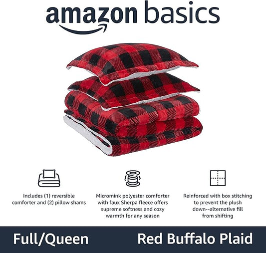 Amazon Basics 3-Piece Ultra-Soft Micromink Sherpa Bedding Set, Warm All Season Comforter, Full/Queen, Red Buffalo Plaid