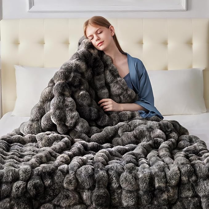 Faux Fur Throw Blanket, 1000GSM Fluffy Soft Bubble Blanket for Couch Bed, Cozy Plush Warm and Thick Rabbit Blanket for Living Room Bedroom 60''*80'' Tie-dye Grey