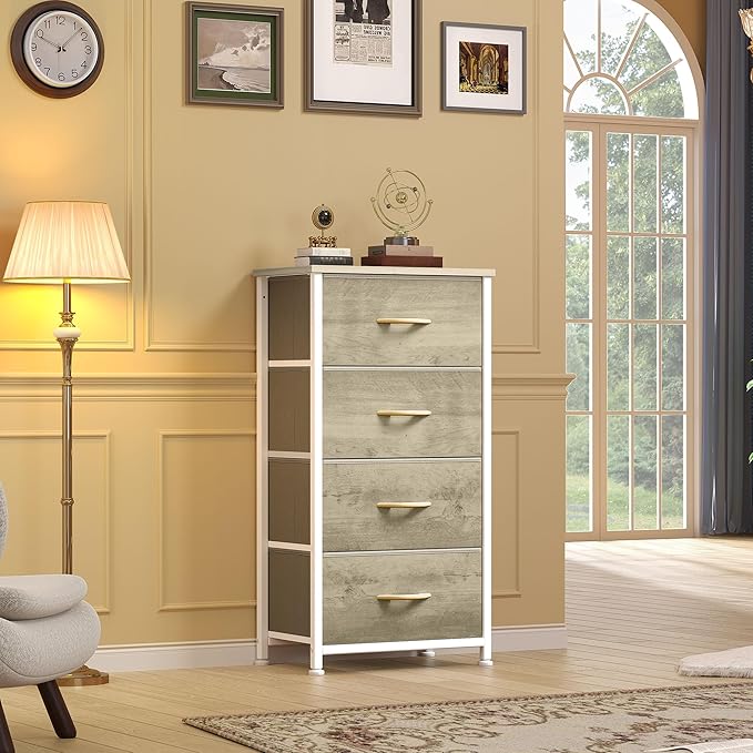 DWVO Dresser with 4 Drawers - Fabric Storage Tower, Organizer Unit for Room, Hallway, Hallway, Closets - Sturdy Steel Frame, Wooden Top & Easy Pull Fabric Bins (Oak Greige)