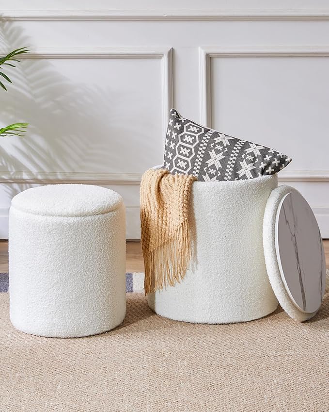 IBUYKE Storage Ottoman Set of 2 Round Ottoman Fleece Vanity Stool with Storage Velvet Footrest Stool End Table Boucle Ottoman for Home Organization UWBD015W
