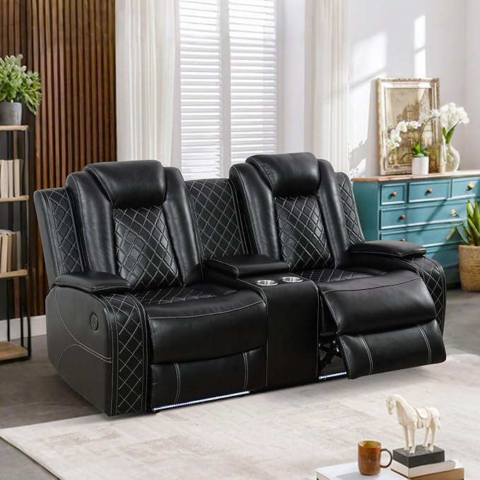 Breathing Leather Power Reclining Loveseat, Living Room Furniture with 2 Recliners, 2-Seater Leather Couch with Storage Console/Cup Holders for Home/Office (Black, Loveseat)