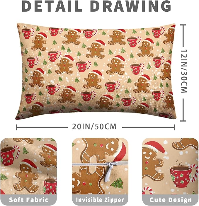 Christmas Gingerbread Lumbar Pillow Covers 12x20 Set of 2 Cute Gingerbread Cafe Xmas Tree Rectangle Throw Pillow Cover Christmas Orange Pillow Case for Home Couch Sofa Winter Decoration
