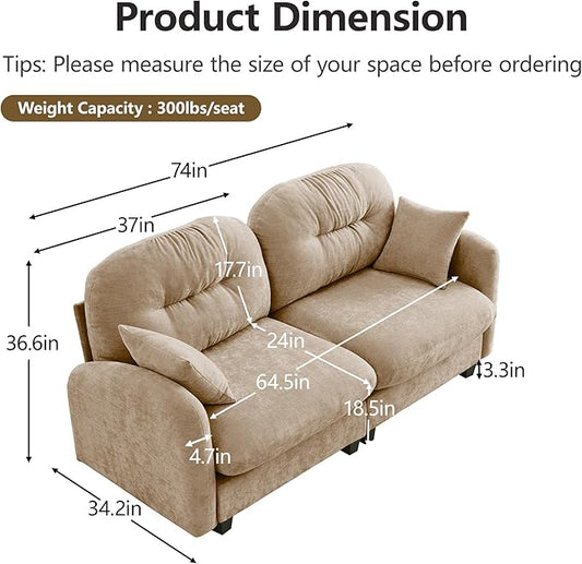 KEIKI 74" Oversized Chenille Modular Sectional Loveseat Sofa with High-Density Foam Cushions and Tufted Pleated Cushion Backrest, Upholstered 2-Seater Cloud Couch with 2 Pillow, for Living Room, Camel