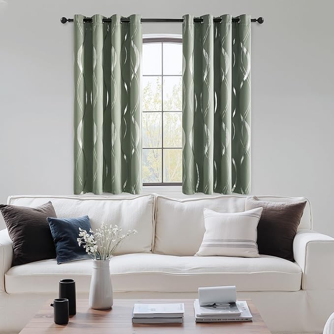 NICETOWN 100% Blackout Greyish Green Blackout Curtain Panels for Bedroom 63 inch Long, Thermal Insulated Wave Line Foil Print Design Drapes for Patio Sliding Glass Door, 52" x 63", 2 Panels