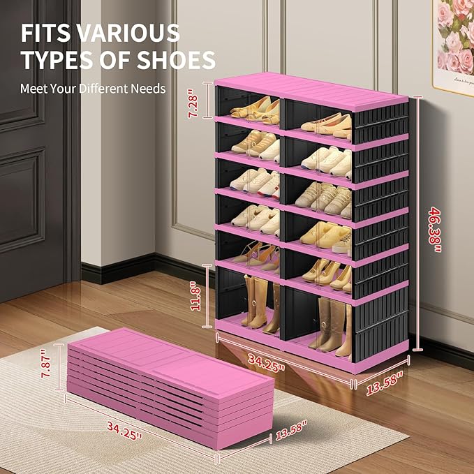 6-Tier Foldable Shoe Rack Organizer for Closet,24 Pairs Collapsible Plastic Shoe Shelf,Large Shoes Cabinet with Door,Clear Stackable Storage Box Easy Assembly（Black-Pink）