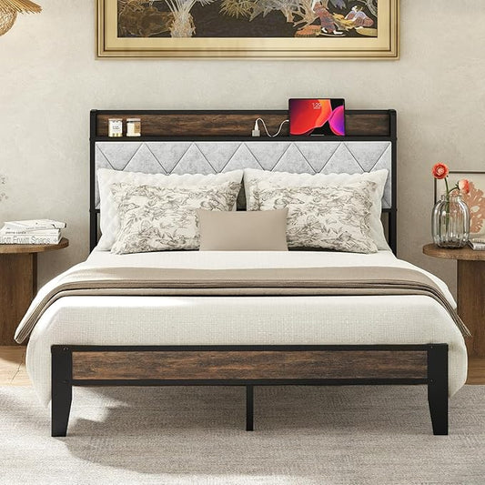 Sweetcrispy Full Bed Frame with Headboard, Storage Headboard with USB Charging Station, Durable Squeak-Free Frame, Simple No-Tool Assembly,Works with Full Mattress No Box Spring Needed