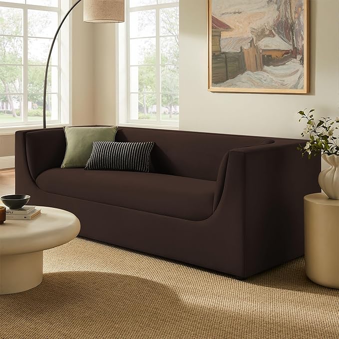 Modway Hilda 86 Inch Modern Curved Back Performance Velvet Sofa in Chocolate Brown – Plush Upholstered 3-Seat Couch for Living Room, Apartment, Office