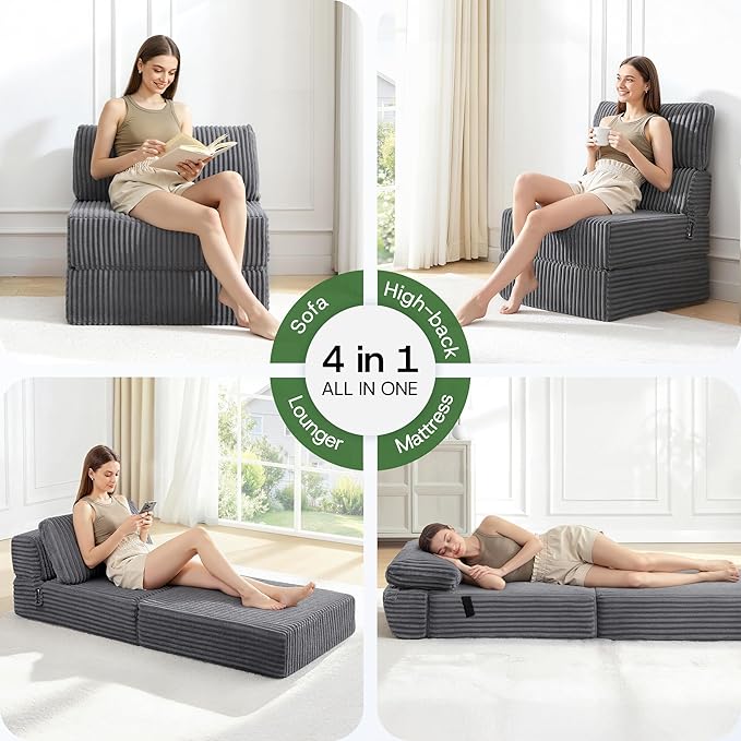 4-in-1 Folding Sofa Bed Convertible Chair Couch Foldable Chaise Lounger & Mattress Pocket Coils+Foam Fill, Portable No Assembly Boneless Sofa Floor Futon for Living Room/Bedroom, Gray Single