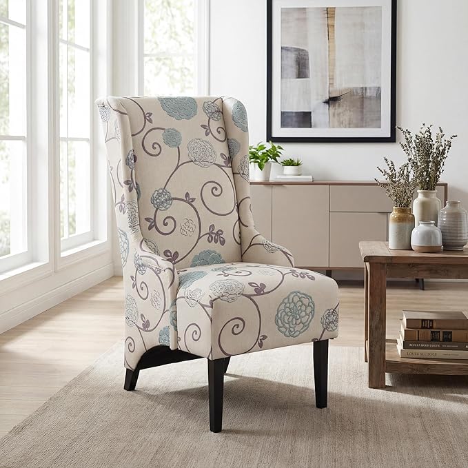 Christopher Knight Home Micua Luxury Upholstered Dining Chair with Floral Fabric Accent, Dining Room Chair with High Wingback, Comfy Living Room Chair and Birch Wood Legs, Extra Seating, Beige + Black