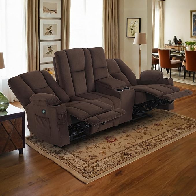 MCombo Zero Gravity 3 Seater Power Reclining Sofa with Console, Heat and Vibration Massage, Recliner Couch for Living Room, Fabric 6035SET (Brown, 3 Seater with Console)