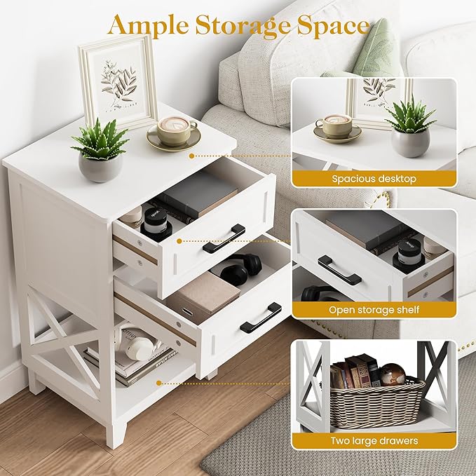 White Nightstand, Tall Side Table with 2 Drawers and Open Shelf, Bedside Table with Solid Feet, Modern Night Stand End Table for Bedroom, Home Office, White