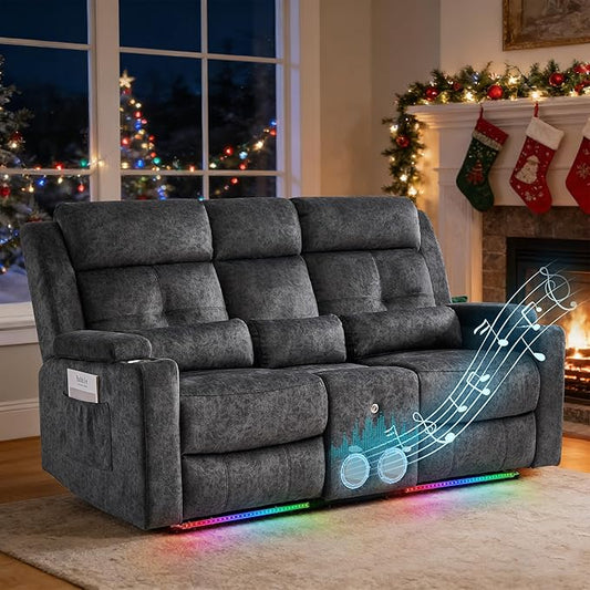 Power Reclining Sofa with 4 LED Lights, Bluetooth Speaker, Power Reclining Loveseat with Drop Down Table,Outlets, 3-Seater Recliner Sofa with Arm/Seat Storage(Grey, Loveseat with Console)