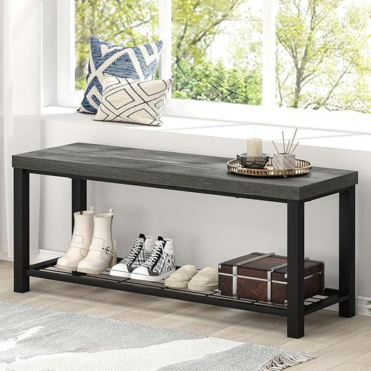 EXCEFUR Entryway Bench, Industrial Metal and Wood Storage Bench for Living Room, Indoor Shoe Rack Bench Seat, 43.3 Inch Grey
