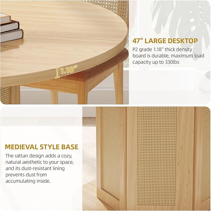 YITAHOME Round Dining Table for 4-6 People Circle Dining Table with Wooden Rattan Base Modern Farmhouse Kitchen Table Round for Dining Room Kitchen Apartment, Natural Oak