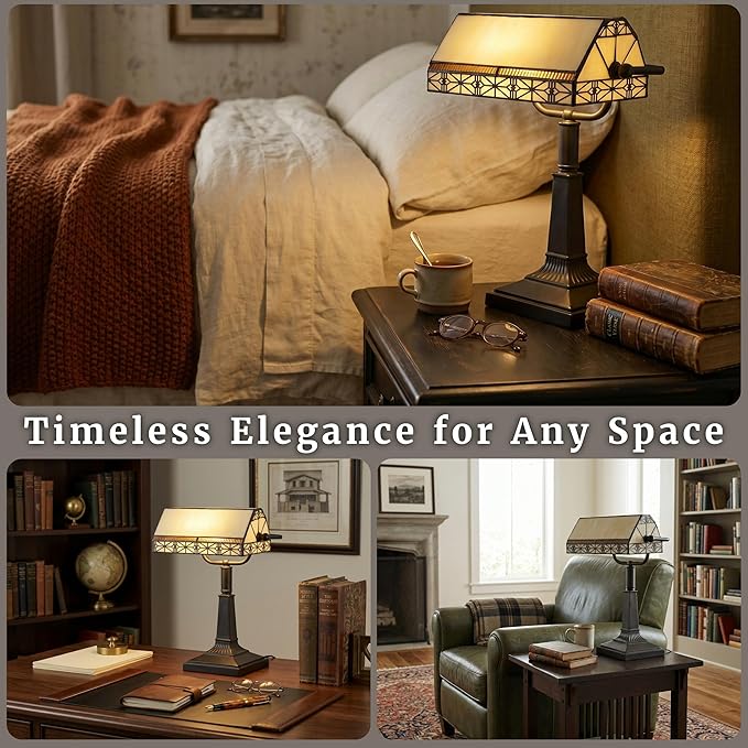Lavish Home Tiffany-Style Bankers Lamp - Vintage-Looking Mission-Style Table or Desk LED Light with Stained Glass Shade (Dark Brown)