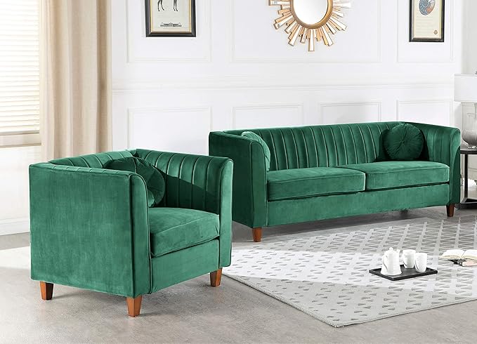 Container Furniture Direct Arvilla Velvet Chair with Bolster Pillows, Soft Upholstery, Mid Century Modern Design, Chesterfield-Inspired Accent Armchair for Living Rooms, Lush Green