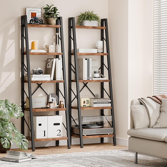 Shintenchi 5 Tier Ladder Shelf, Freestanding Corner Storage Shelves with Adjustable Feet and Anti-Falling Kit, Industrial Bookcase for Living Room, Bedroom, and Home Office, Rustic Brown