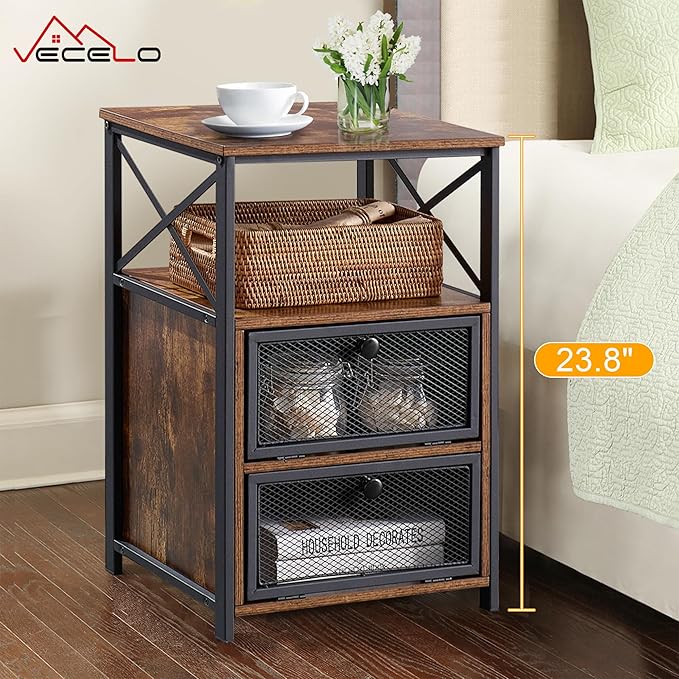 VECELO Nightstand Set of 2, End Table with Flip Drawer, Modern Night Stand for Bedroom,Living Room, Office, Easy Assembly, Walnut Brown