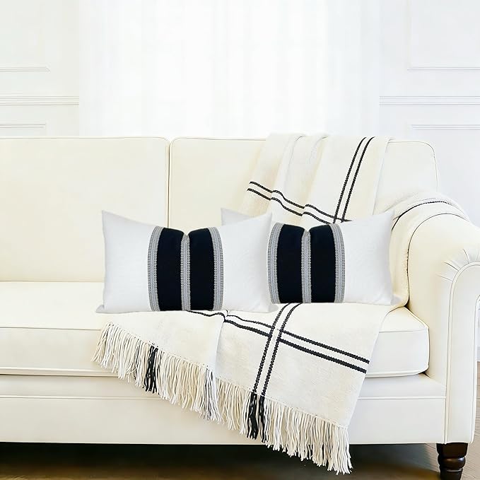 Slow Cow Pack of 2 Linen Off White and Black Patchwork Rectangular Throw Pillow Cover Decorative Cushion Cover for Couch Sofa Lumbar 12 x 20 Inches