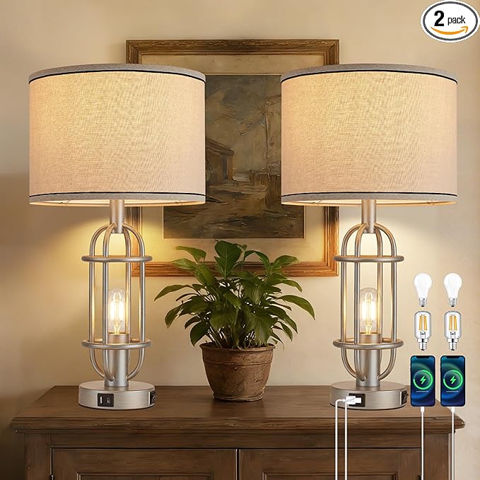 Table Lamps for Living Room Set of 2, 22.3" Farmhouse Lamps for Nightstand, Industrial Table Lamps for Bedroom with USB Ports, Bulbs Included