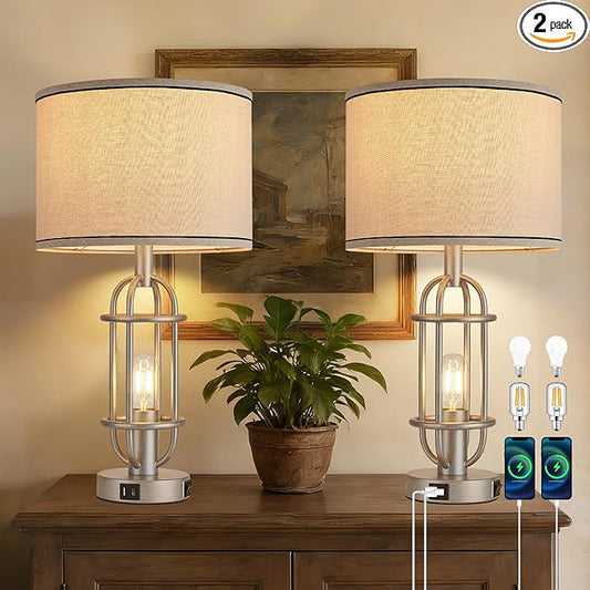 Table Lamps for Living Room Set of 2, 22.3" Farmhouse Lamps for Nightstand, Industrial Table Lamps for Bedroom with USB Ports, Bulbs Included