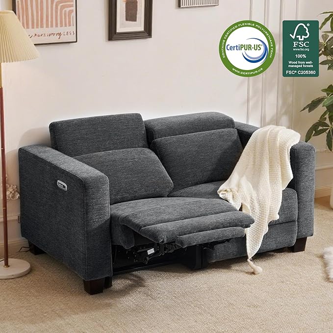 MCombo 62.2'' Reclining Loveseat, Wall Hugger Power Loveseat Recliner Sofa with Adjustable Headrest, USB A & C Charge Ports, Wood Legs, for Living Room (Fabric, HL198M1) (Dark Grey)